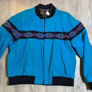 David James 90s Vtg Southwestern Western Bomber Jacket Teal Turquoise punchy XL‎